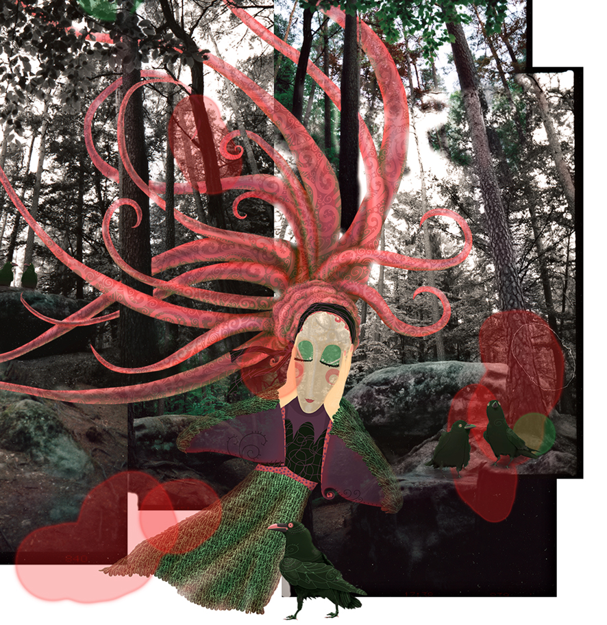 Fotocollage von Waldbildern mit gemalter Hexe und ihren Rabenfreunden