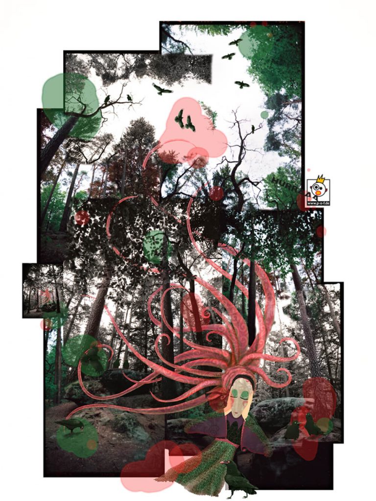Fotocollage von Waldbildern mit gemalter Hexe und ihren Rabenfreunden